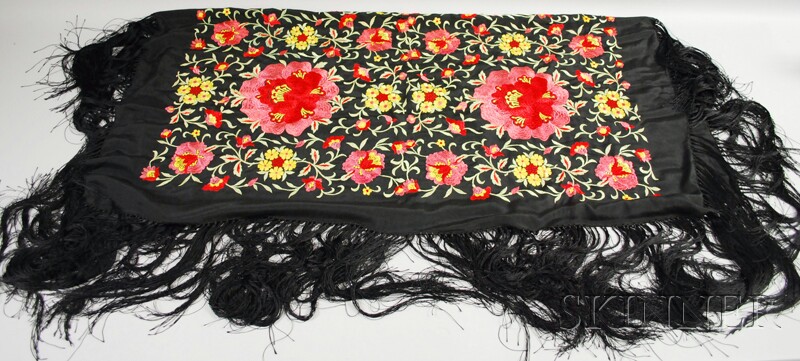 Appraisal: Black Embroidered Piano Shawl with multicolored floral design x in