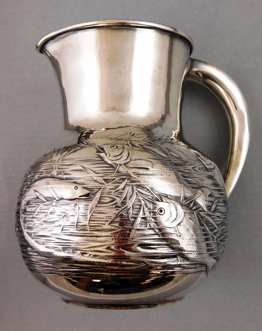 Appraisal: STERLING Gorham sterling silver pitcher -P with aquatic relief decoration