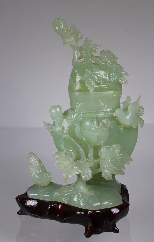 Appraisal: Chinese Carved Jade Lidded Vase on Stand Chinese Carved Jade