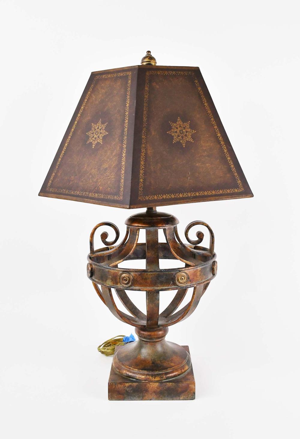 Appraisal: GILT IRON URN-SHAPED TABLE LAMPModern Scrolled double handles with a