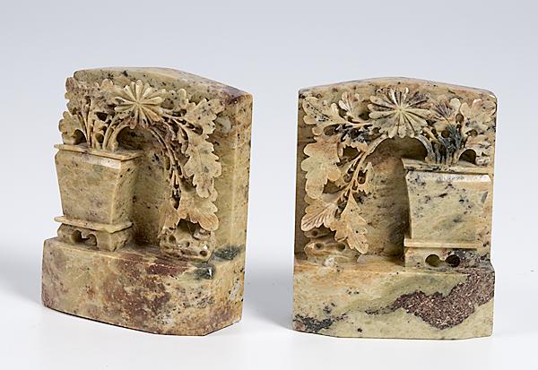 Appraisal: SOAP STONE BOOKENDS PAIR th Century pair depicting a garden