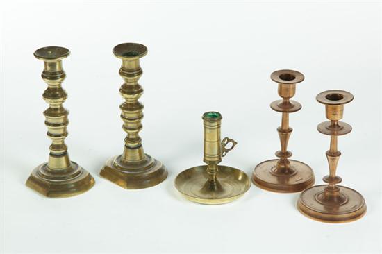 Appraisal: FIVE CANDLESTICKS Three are brass Pair of American th century