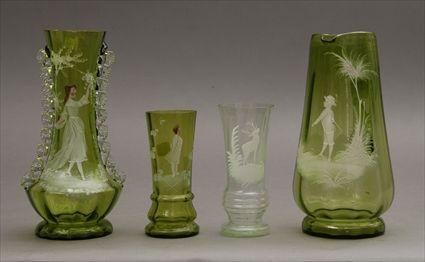 Appraisal: Four Mary Gregory-Style Enameled Glass Articles Including a green glass