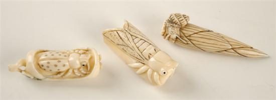 Appraisal: Three Carved Hippo Ivory Netsukes two are of insects one