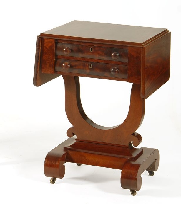 Appraisal: ANTIQUE AMERICAN EMPIRE TWO-DRAWER DROP-LEAF STAND th CenturyIn mahogany with