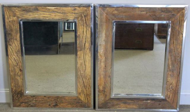 Appraisal: Pair of Rustic Wood Mirrors with Chrome Trim From a