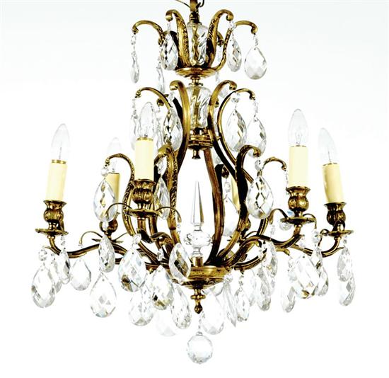 Appraisal: Gilt-metal and crystal six-light chandelier circa palatial birdcage form with