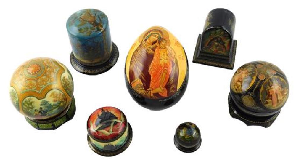 Appraisal: Russian hand-painted lacquer boxes group of seven special forms include