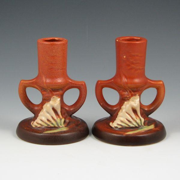 Appraisal: Pair of brown Roseville Freesia candleholders Marked Roseville USA -