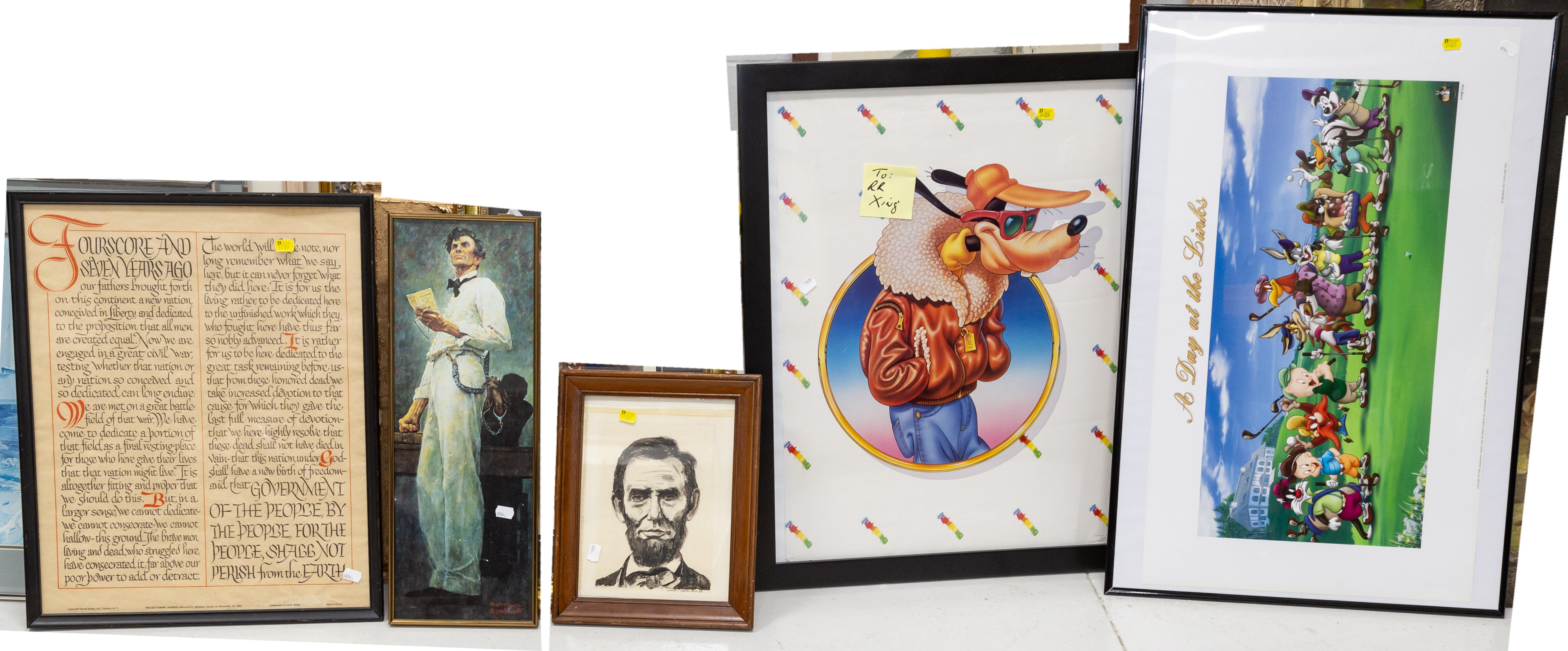 Appraisal: FIVE FRAMED ARTWORKS INCLUDING LINCOLNIANA Includes a Randall Hunt pen