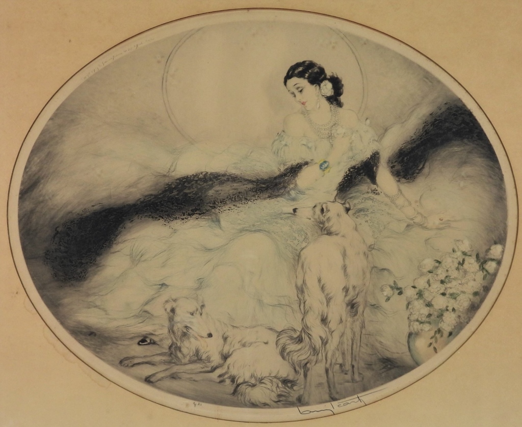 Appraisal: LOUIS ICART LOUNGING WOMAN W GREYHOUNDS ETCHING France - Titled