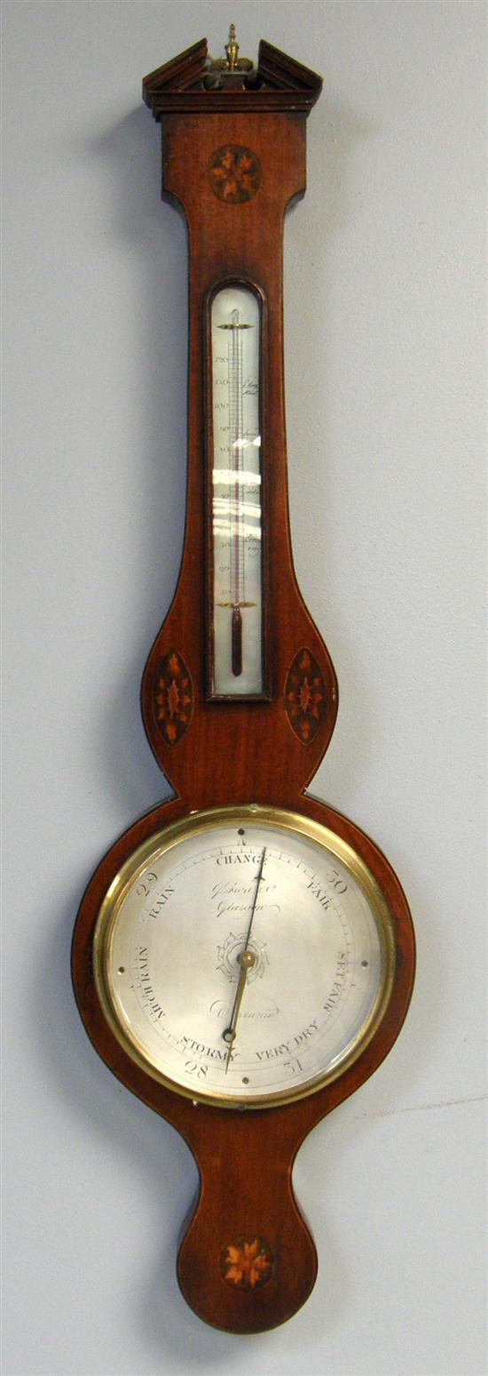 Appraisal: th Century mahogany and marquetry inlaid banjo shaped barometer by