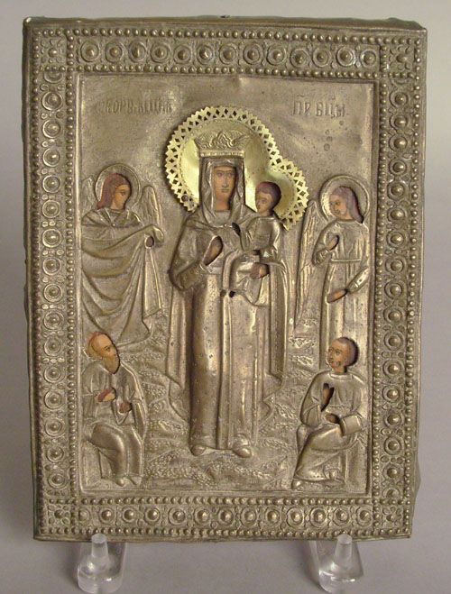 Appraisal: Russian oil on panel and embossed copper icon th c