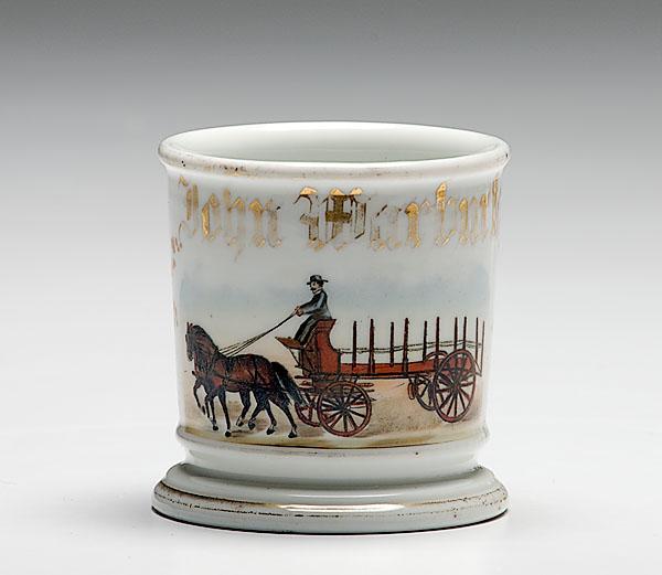 Appraisal: FLATBED DRIVER'S OCCUPATIONAL SHAVING MUG porcelain with polychrome painted scene