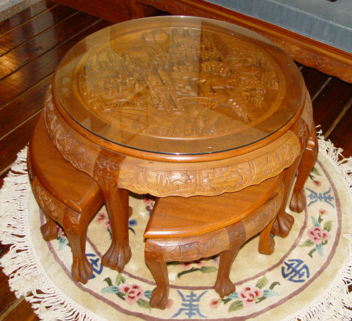 Appraisal: ORIENTAL CHOW TABLE CHAIRS Carving to top apron stools Table