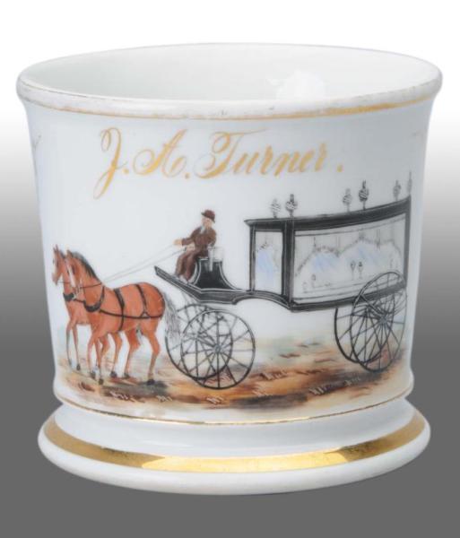 Appraisal: Funeral Director's Horse-Drawn Hearse Shaving Mug Description Marked National Barber