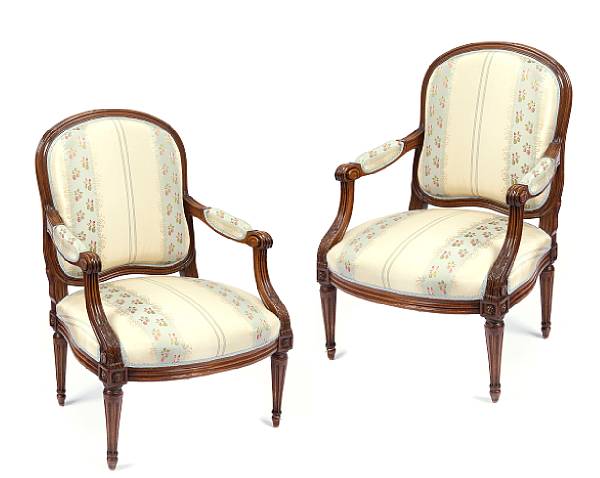 Appraisal: A pair of Louis XVI style walnut fauteuils th century