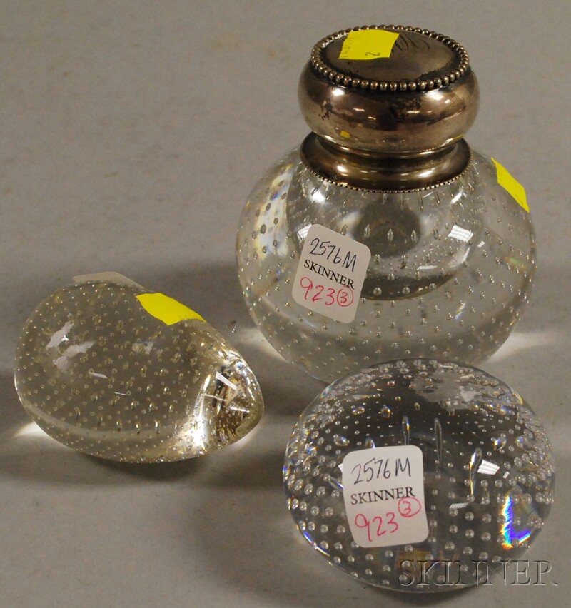 Appraisal: Two Colorless Trapped Air Bubble Paperweights and a Sterling Silver