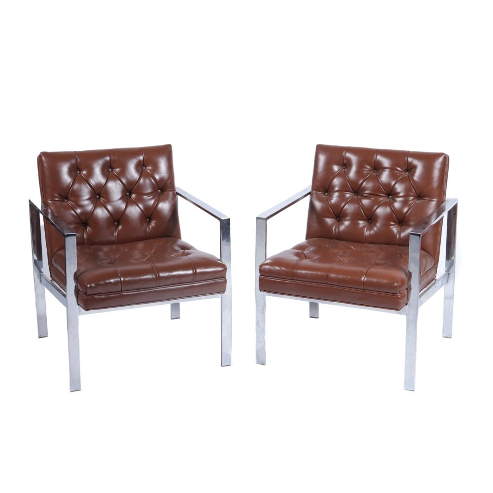 Appraisal: MONARCH FURNITURE COMPANY PAIR CHROME AND TUFTED BROWN LEATHER SIDE