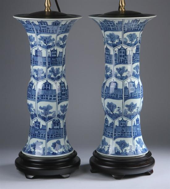 Appraisal: PAIR CHINESE BLUE AND WHITE PORCELAIN VASES Architectural decoration electrified