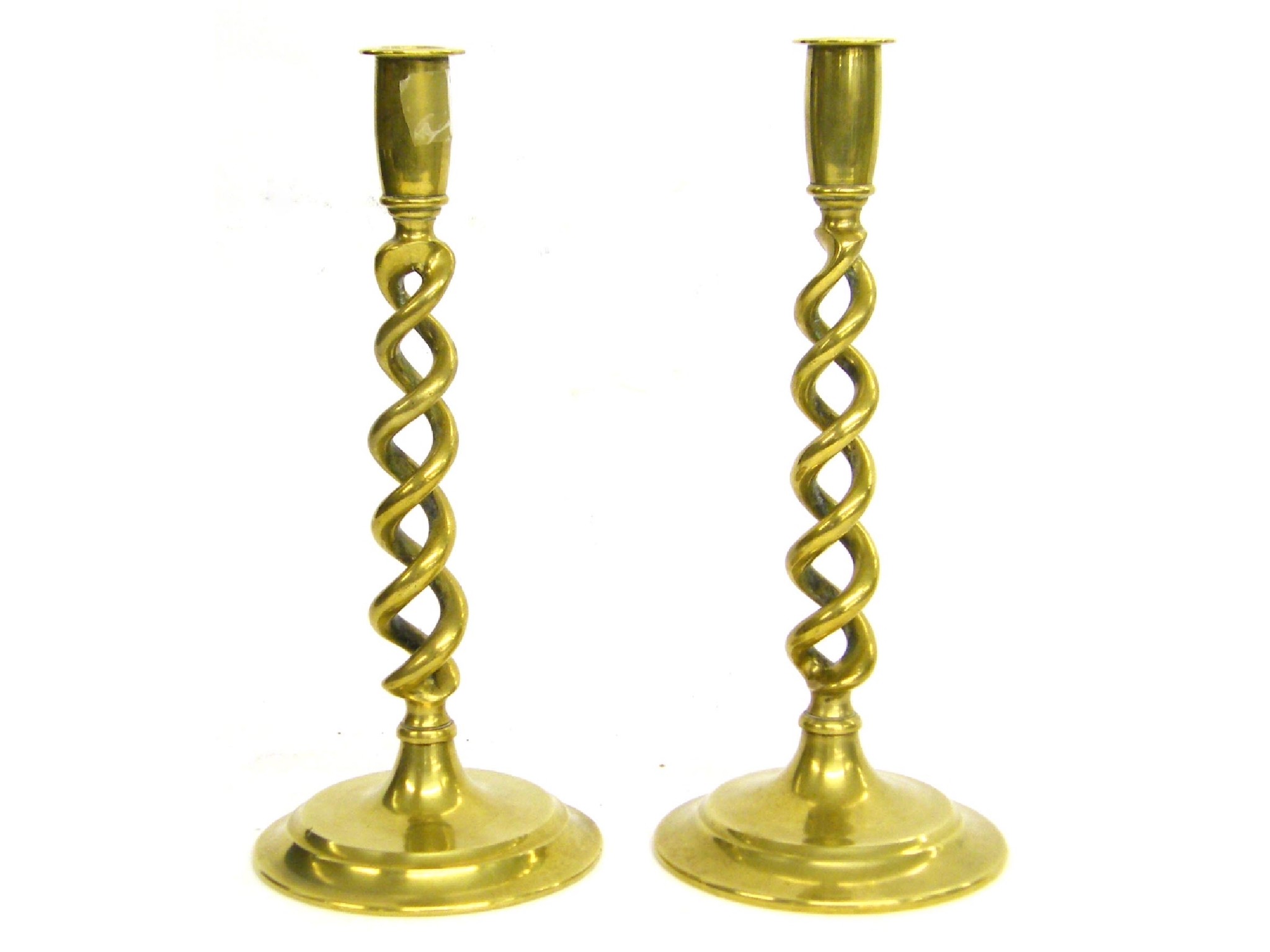 Appraisal: Pair of antique brass open barley twist candlesticks high