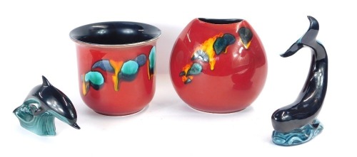 Appraisal: Four items of Poole pottery comprising a red Delphis planter