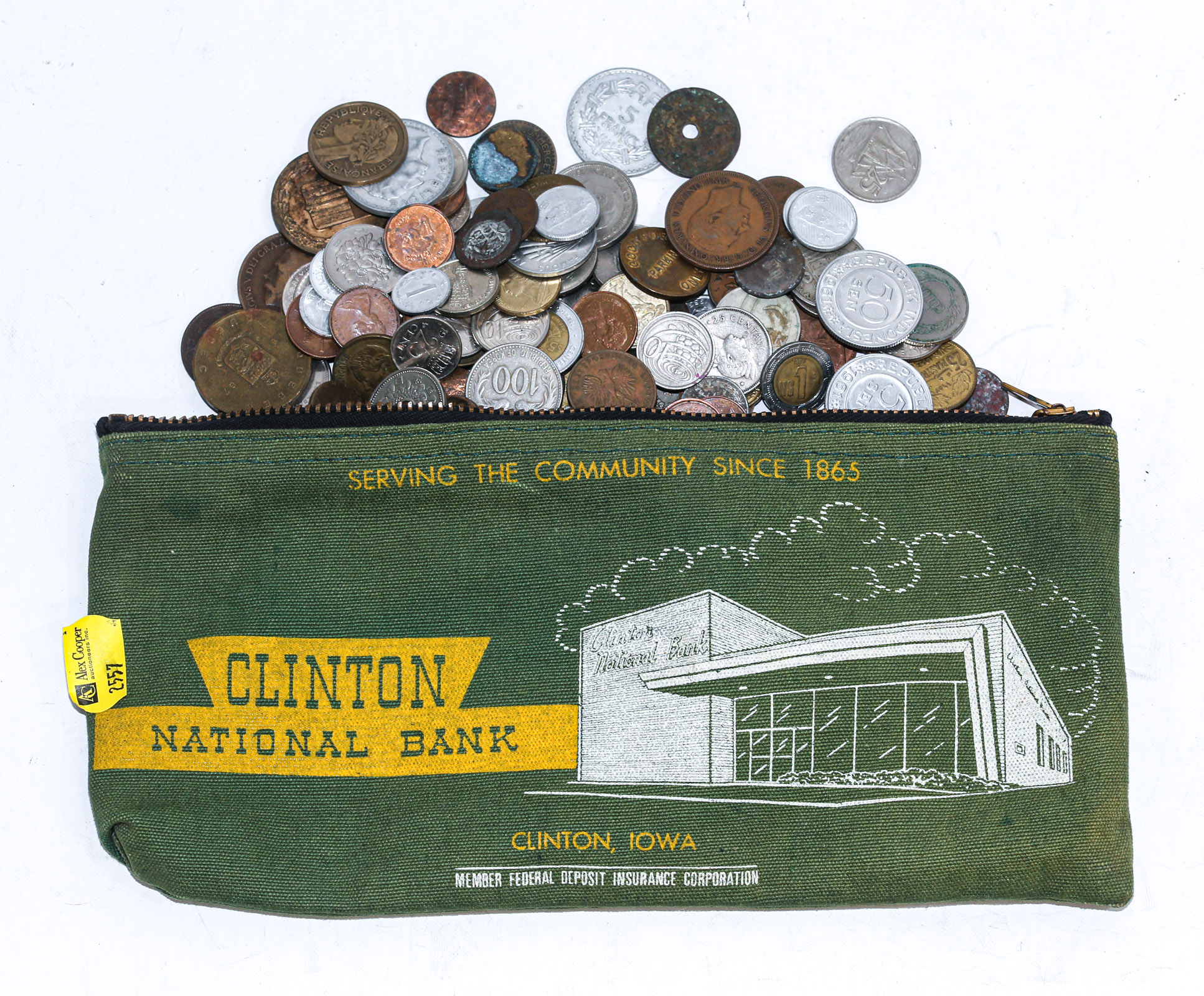 Appraisal: WORLD COINS IN OLD CLINTON NATIONAL BANK BAG Zippered money