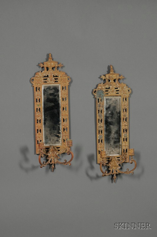 Appraisal: Pair of Louis XVI Style Bronze Two-light Mirrored Sconces early