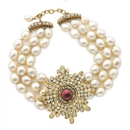 Appraisal: Gripoix for Chanel Three Strand Faux Pearl Choker with Russian