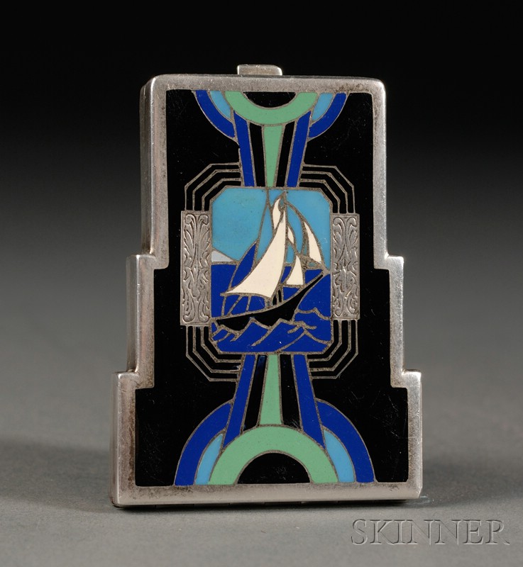 Appraisal: Art Deco Enameled Silver Compact c of stepped outline with