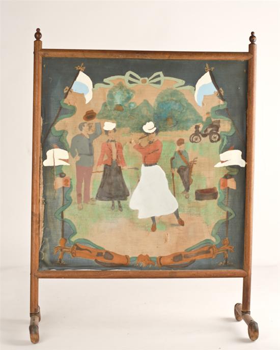 Appraisal: A Handpainted Fire Screen having a turned wood frame and