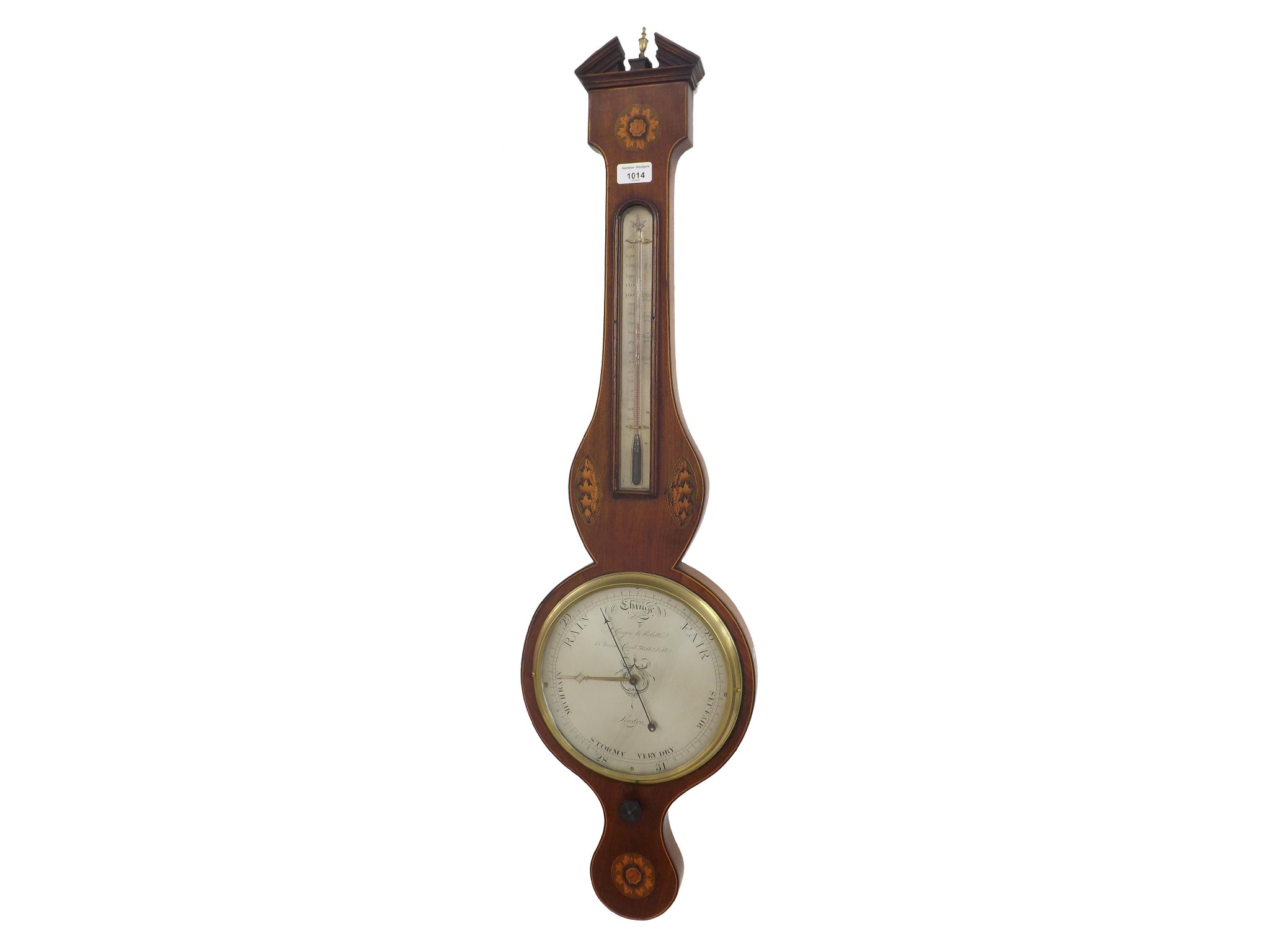 Appraisal: Mahogany inlaid banjo barometer thermometer the silvered dial signed A