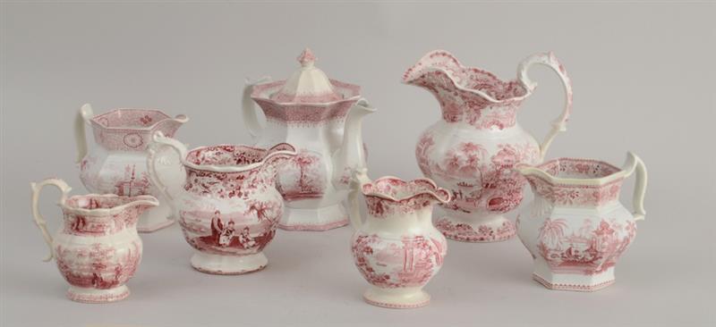 Appraisal: SEVEN STAFFORDSHIRE RED TRANSFER-PRINTED ARTICLES WITH ASIAN AND OTHER EXOTIC