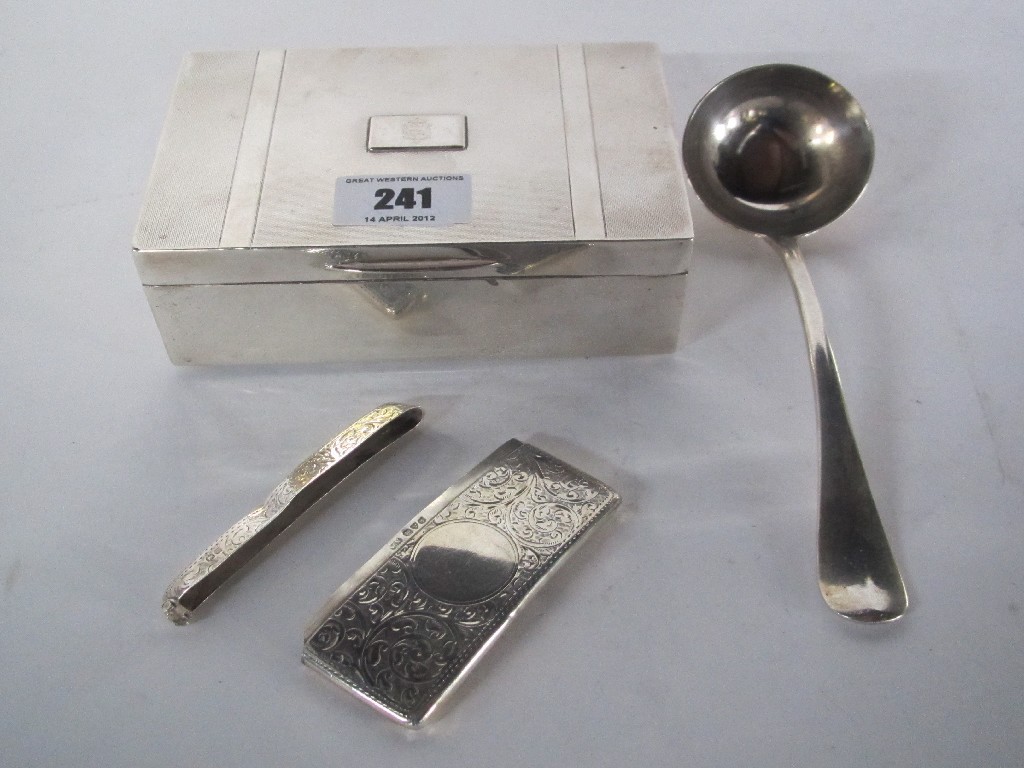 Appraisal: Lot comprising silver cigarette box sauce ladle and card case