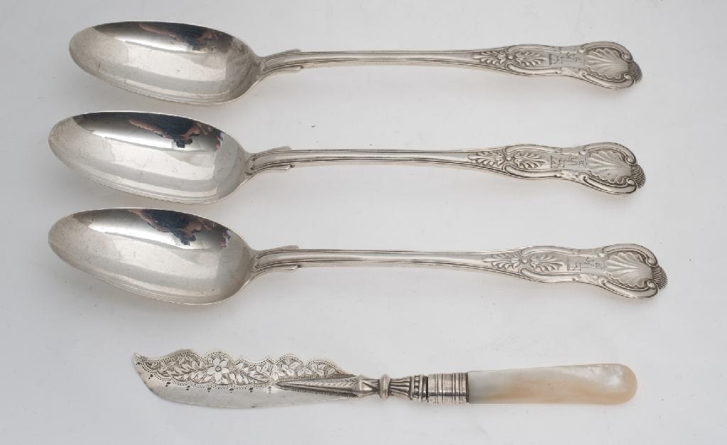 Appraisal: SET OF THREE VICTORIAN SILVER TABLE SPOONS LONDON Kings pattern