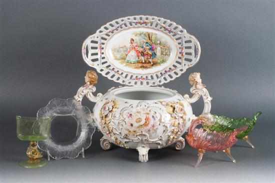 Appraisal: Three Venetian glass dishes Sitzendorf porcelain centerpiece Lalique glass bottle