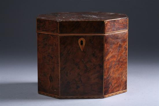 Appraisal: VICTORIAN STRING-INLAY BURL WALNUT TEA CADDY th century Octagonal shape