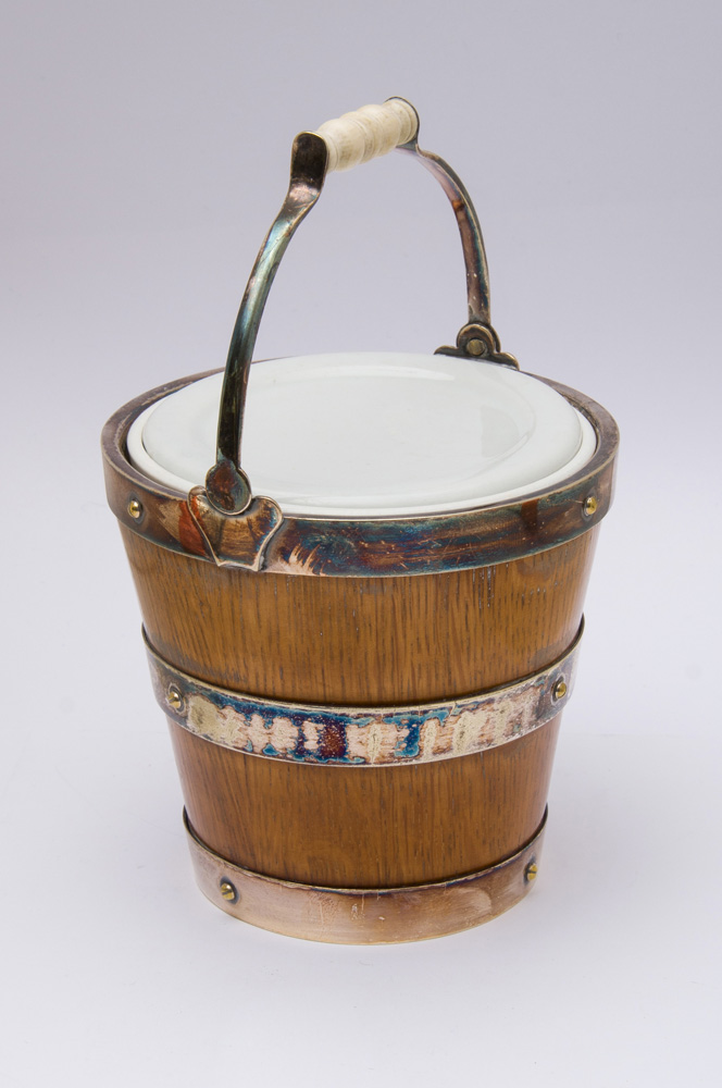 Appraisal: ENGLISH MINIATURE SILVER-PLATE-MOUNTED OAK PEAT BUCKET With a Minton ceramic