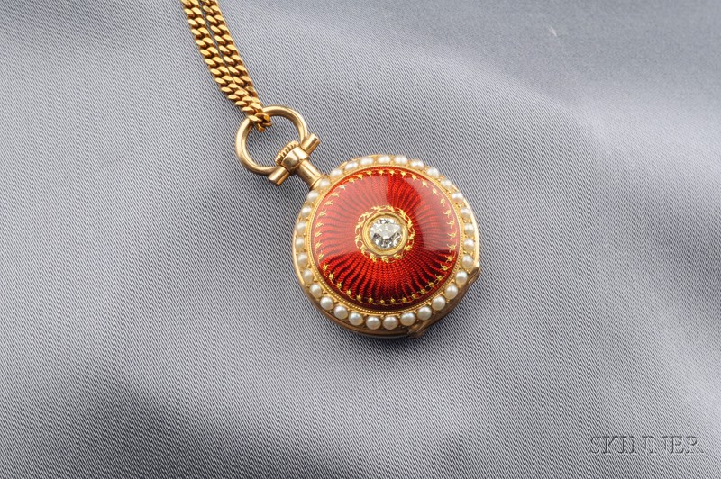 Appraisal: Antique kt Gold Enamel and Gem-set Open Face Pendant Watch