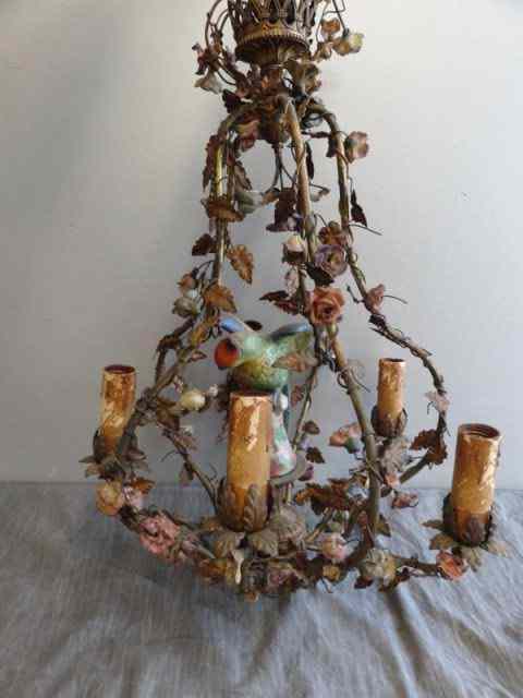 Appraisal: Gilt Metal Chandelier with Porcelain Flower BirdDecoration A very decorative