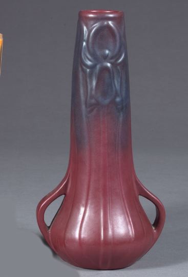 Appraisal: Van Briggle Pottery Plum-Glazed Two-Handled Tall-Neck Vase in bas-relief Iris