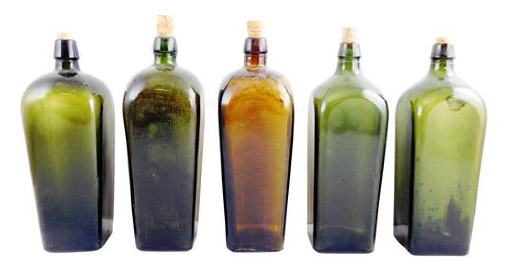 Appraisal: Four dark olive green and one amber case gin bottles