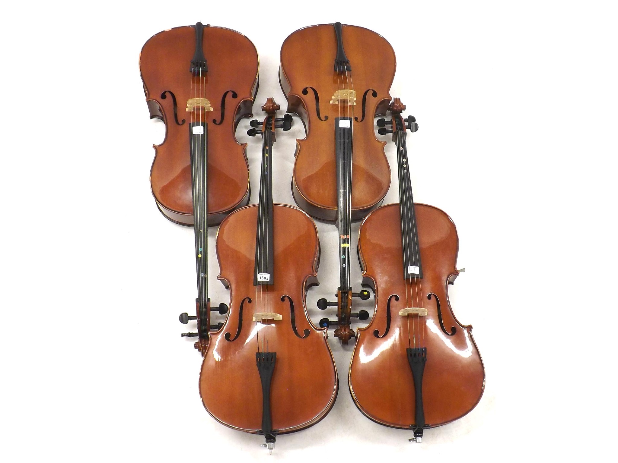 Appraisal: Four various contemporary small size student violoncellos all at fault