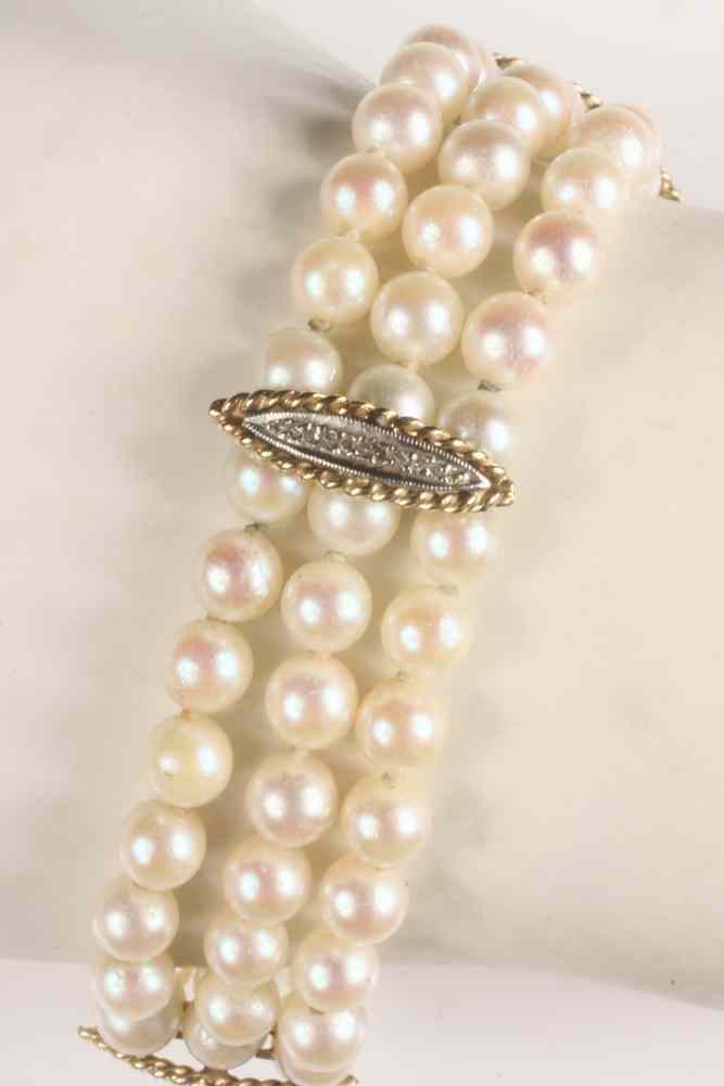 Appraisal: BRACELET - Three Strand Pearl Bracelet fitted with K gold