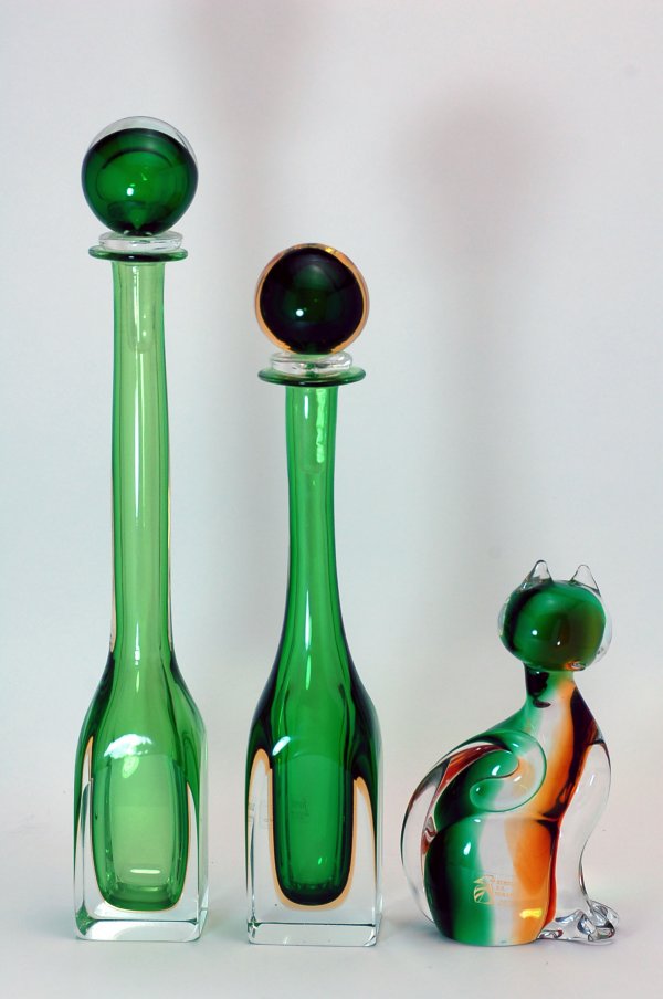 Appraisal: Contemporary Murano glass including two decanters of green and clear