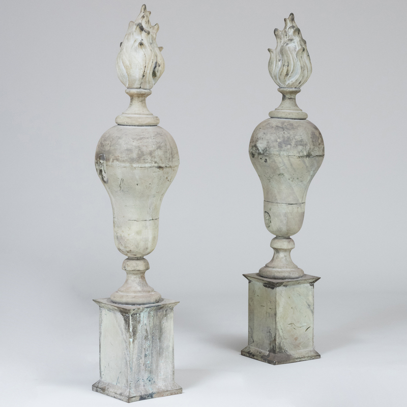 Appraisal: Pair of Neoclassical Style Zinc Urns With Flame Finials ft