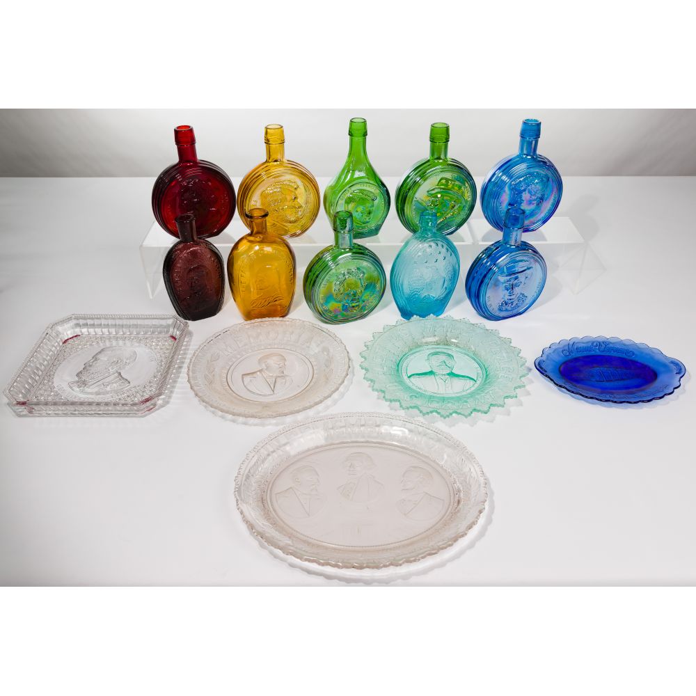 Appraisal: POLITICAL SOUVENIR GLASS ASSORTMENT items including decanters of various colors