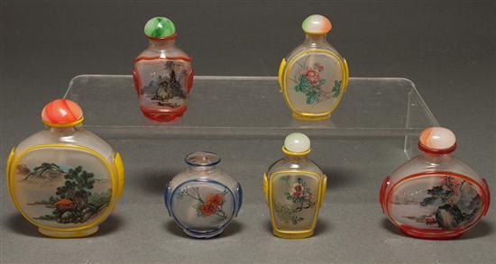 Appraisal: Six Chinese reverse-painted cased-glass snuff bottles th century decorated with