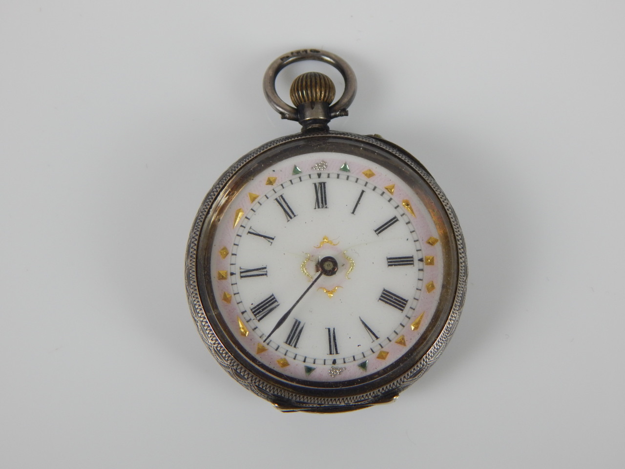 Appraisal: A silver fob watch with white enamel dial and floral