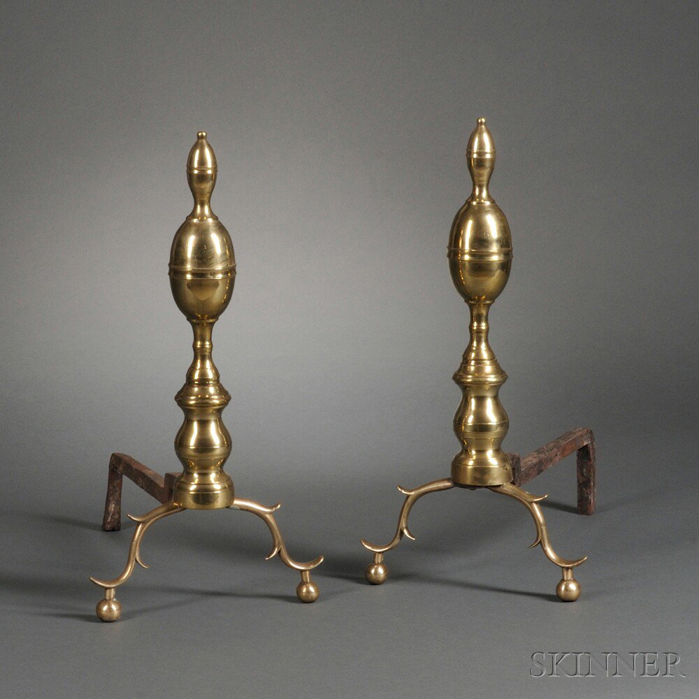 Appraisal: Pair of Brass and Iron Double-belted Lemon-top Andirons New York